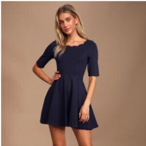Tip the Scallops Navy Blue Scalloped Skater Dress